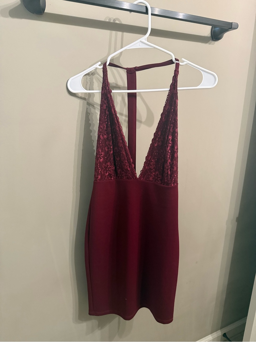 Tobi Burgundy Lace Plunge Mini Dress